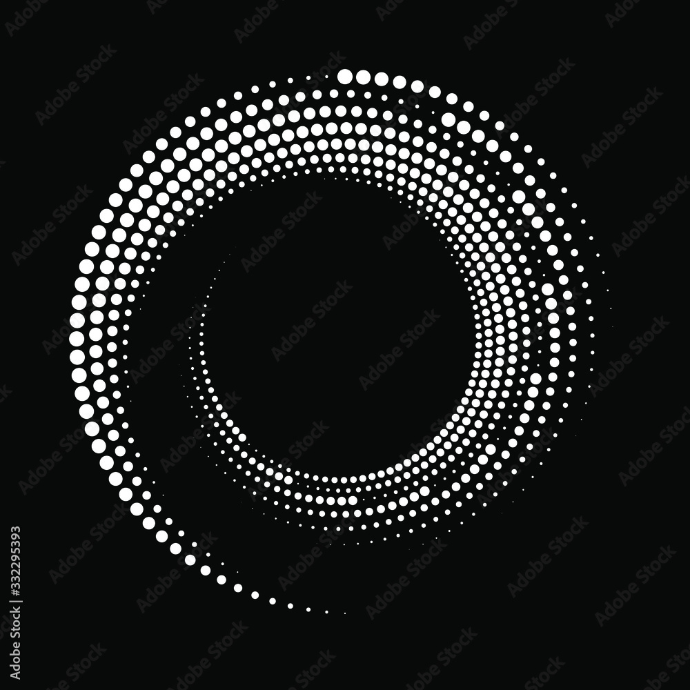 White different halftone dots in circle form. Geometric art. Trendy design element for border frame, logo, tattoo, sign, symbol, web pages, prints, posters, template, pattern and abstract background 
