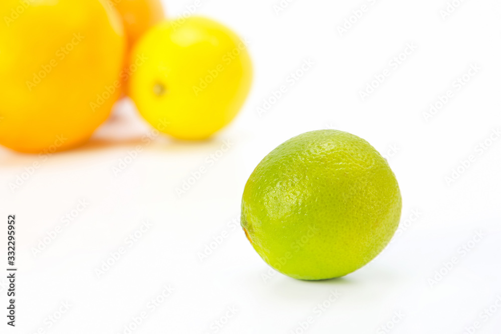 green lemon on the background of different citrus fruits on white background green lemon on the background of different citrus fruits on white background