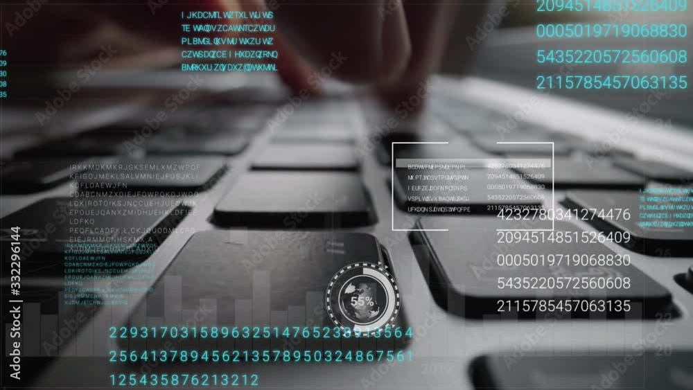 Man working on laptop computer keyboard with graphic user interface GUI hologram showing concepts of big data science technology, digital network connection and computer programming algorithm.