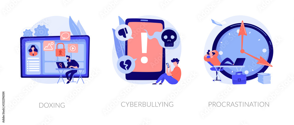 Naklejka Online privacy violation, internet harassment problem, task delay and laziness icons set. Doxing, cyberbullying, procrastination metaphors. Vector isolated concept metaphor illustrations
