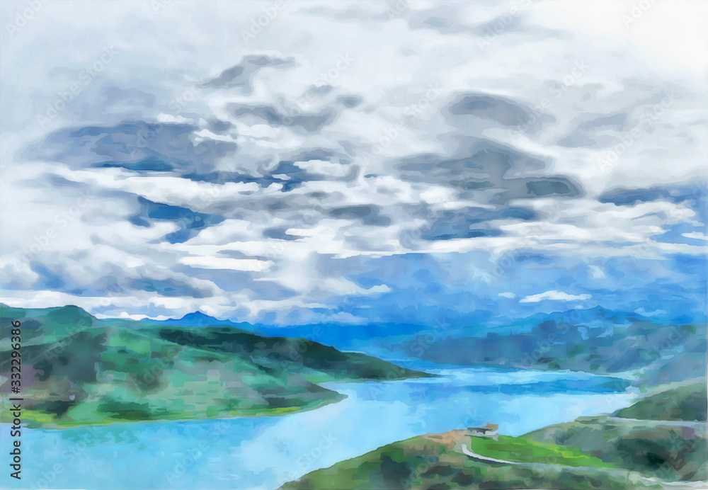 Watercolor mountain landscape, Himalayas, Tibet. Tourism, travel. Mountain and lake views. Digital painting - illustration. Watercolor drawing