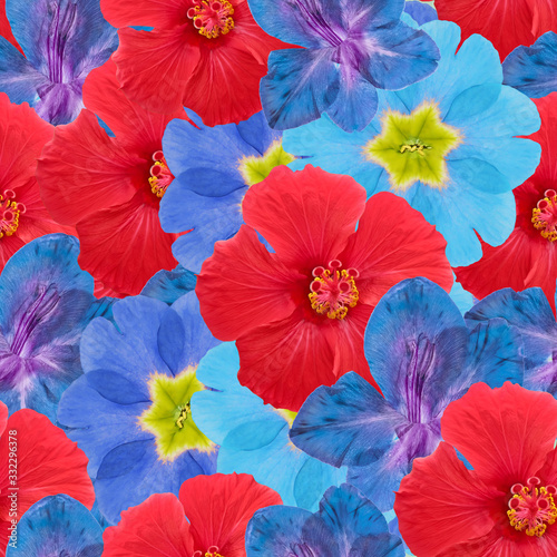Hibiscus  gladiolus  primula  primrose. Illustration  texture of flowers. Seamless pattern. Floral background  photo collage for production of textile  cotton fabric. For wallpaper  covers