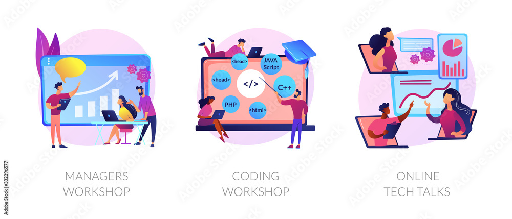 Business management coaching, programming courses, technical support icons set. Managers workshop, coding workshop, online tech talks metaphors. Vector isolated concept metaphor illustrations