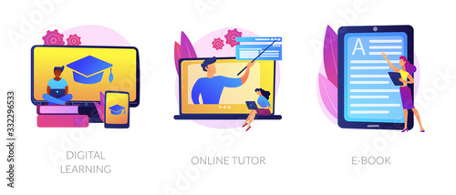 Internet school graduation, professional teacher service, electronic book device icons set. Digital learning, online tutor, e-Book metaphors. Vector isolated concept metaphor illustrations