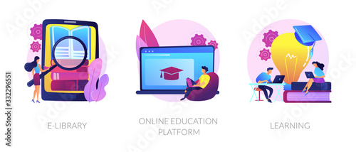 Internet bookstore, remote training classes service, academic graduation icons set. E-library, online education platform, learning metaphors. Vector isolated concept metaphor illustrations