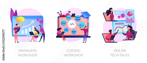 Business management coaching, programming courses, technical support icons set. Managers workshop, coding workshop, online tech talks metaphors. Vector isolated concept metaphor illustrations