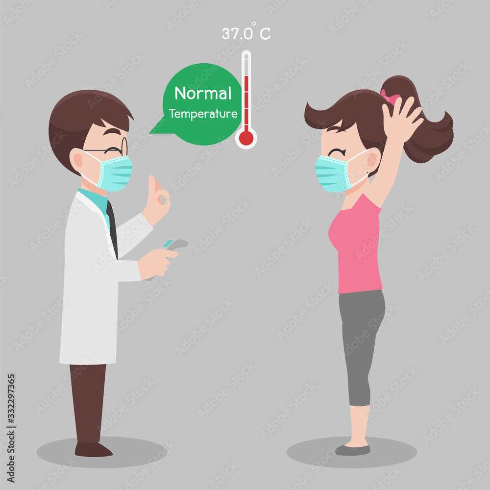 woman see doctor for check herself, temperature for corona virus scanning, She is not infect, results is normal temperature, They wear face mask surgical protective Medical mask for prevent virus. woman see doctor for check herself, temperature for corona virus scanning, She is not infect, results is normal temperature, They wear face mask surgical protective Medical mask for prevent virus.