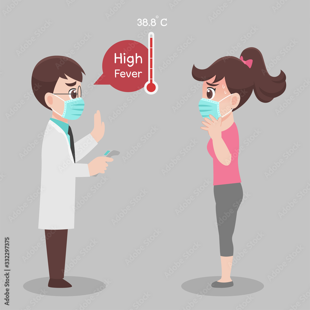 woman see doctor for check herself, temperature for corona virus scanning, She is infect, results is high fever, They wear face mask surgical protective Medical mask for prevent virus. Health care co woman see doctor for check herself, temperature for corona virus scanning, She is infect, results is high fever, They wear face mask surgical protective Medical mask for prevent virus. Health care co