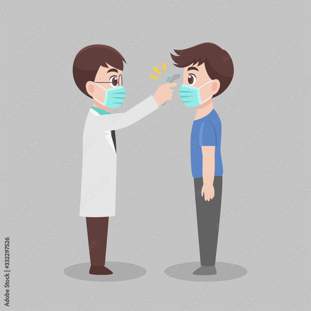 Man see doctor for check himself, Doctor scanning woman temperature for corona virus scanning, wear face mask surgical protective Medical mask for prevent virus. Health care concept. Man see doctor for check himself, Doctor scanning woman temperature for corona virus scanning, wear face mask surgical protective Medical mask for prevent virus. Health care concept.