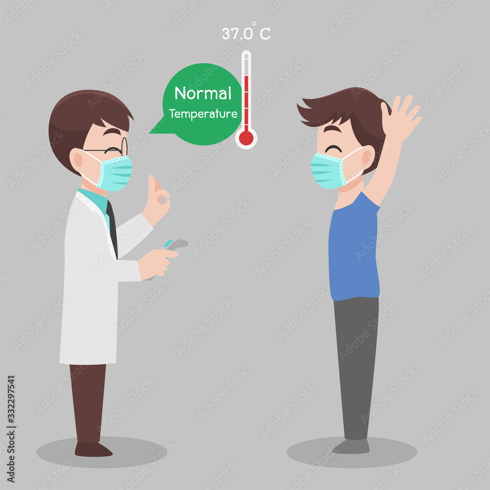 man see doctor for check herself, temperature for corona virus scanning, He is not infect, results is normal temperature, They wear face mask surgical protective Medical mask for prevent virus. man see doctor for check herself, temperature for corona virus scanning, He is not infect, results is normal temperature, They wear face mask surgical protective Medical mask for prevent virus.