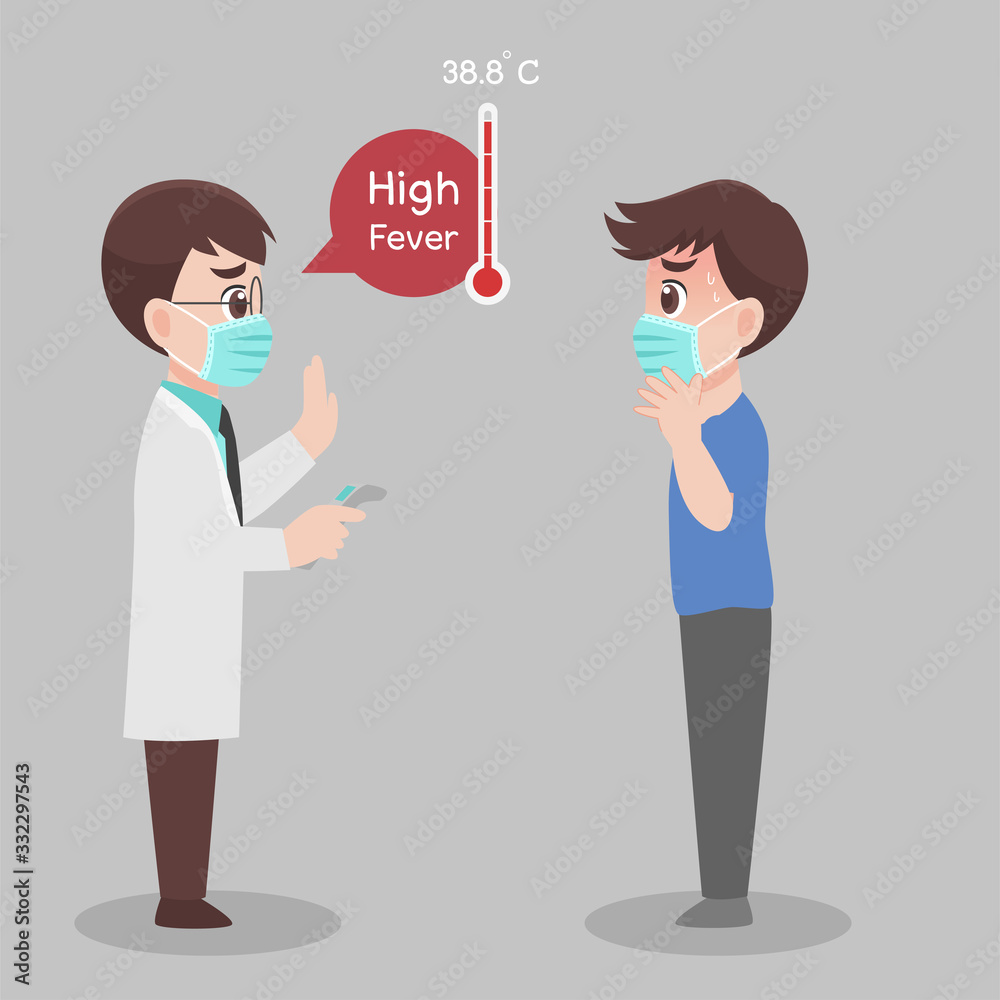 Man see doctor for check himself, temperature for corona virus scanning, He is infect, results is high fever, They wear face mask surgical protective Medical mask for prevent virus. Health care co Man see doctor for check himself, temperature for corona virus scanning, He is infect, results is high fever, They wear face mask surgical protective Medical mask for prevent virus. Health care co