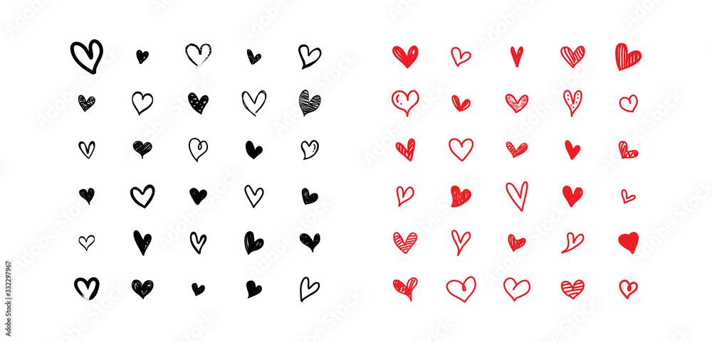 Set of scribble black and red hearts. Collection of heart shapes draw the hand. Symbol of love. Design elements for Valentine's Day card. Vector hearts. Vector illustration.
