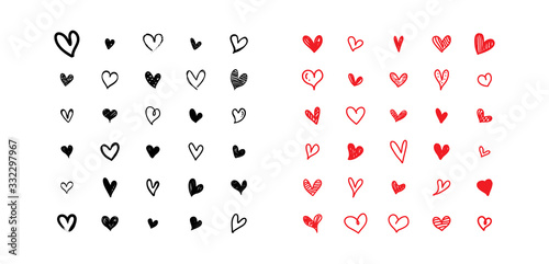 Set of scribble black and red hearts Fototapet