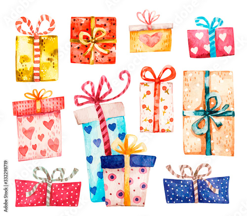 Gift boxes set, presents isolated on white. Watercolor cute vector Colorful wrapped. Sale, holidays concept. Collection for Birthday, Christmas, Valentine. For Vector Cartoon watercolor design