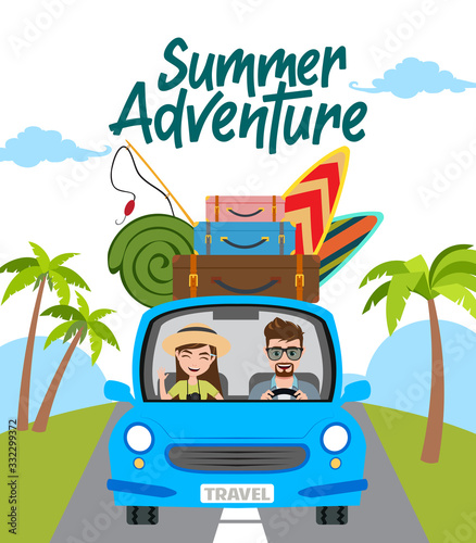 Summer adventure vector concept design. Summer adventure text with travel characters in car driving and beach element like fishing rod, surf board, and luggage travelling for summer vacation.