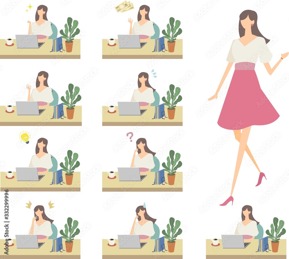 女性 デスクワーク テレワーク リモートワーク ビジネス 自宅 ノートパソコン ベクター イラスト セット Stock Vektorgrafik Adobe Stock