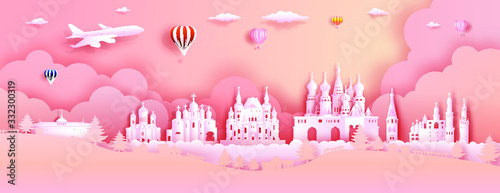 Travel Russia top world famous castle ancient architecture and palace. Modern business brochure design on pink color background.Tour moscow landmark of europe with paper origami.Vector illustration.