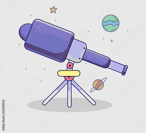 Hubble space telescope retro icon with planet flying among the stars. Astronomy, Scope, Space