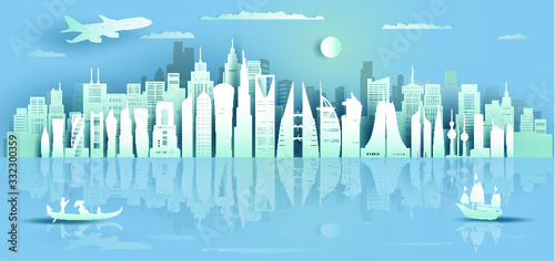 Travel to middle east landmarks of asia with seascape and modern architecture background. Tour asia to Saudi arabia, Qatar, Bahrain, UAE, Kuwait, jordan, Business brochure design.Vector illustration