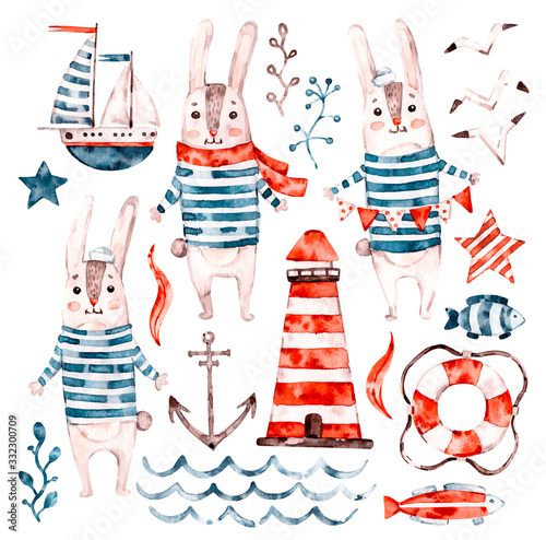 Nautical Watercolor baby rabbit sailor, animal cartoon nursery seaman set. Cute childish character collection, aquarelle illustration. Marine elements, lifebuoy, anchor, wave, fish, lighthouse