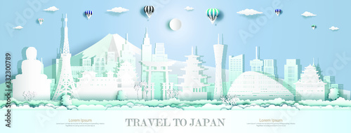 Tourism to japan with modern architecture landmarks of asia and ancient architecture culture city and tourist  Travelling in Asia with paper cut origami style for travel poster  Vector illustration.