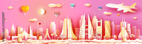 Travel architecture Bahrain with panorama view building, skyline, skyscraper. Modern business brochure design.Tour asia landmarks of arab with architecture and cityscape background.Vector illustration