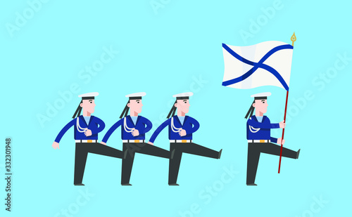 Sailors in uniform marching at the parade. At the head of the commander marching with a flag in his hands. Flat infographics.