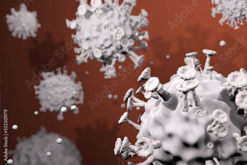 Microscopic virus close-up. Coronavirus disease (COVID-19) outbreak concept. 3D rendering image.