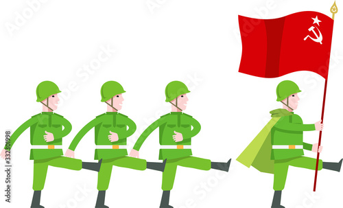 Soldiers in uniform marching at the parade. At the head of the commander marching with a flag in his hands. Flat infographics.