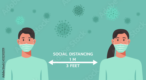 character of woman and man with surgical mask or medical face maintain social distancing to prevent virus spreading, flu prevention, coronavirus, social isolation, self quarantine, new normal concept