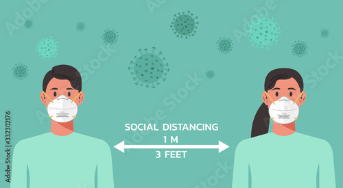 character of woman and man with n95 mask maintain social distancing to prevent virus spreading, flu prevention, coronavirus or covid-19, social isolation, self quarantine, new normal concept