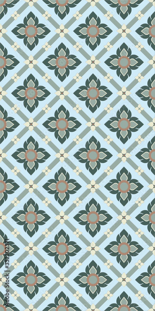 Line Thai blue and green flower seamless pattern