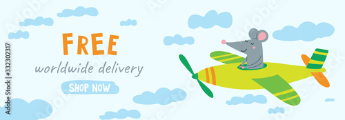 Free delivery.Vector website banner with cute rat