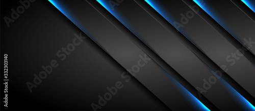 Abstract black stripes with green neon glowing light. Vector technology design