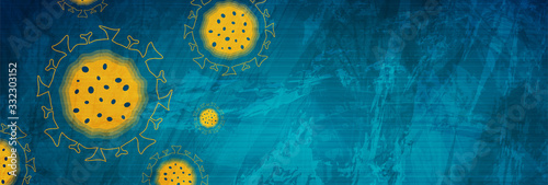Abstract blue grunge background with COVID-19 coronavirus bacteria cells. Vector banner design