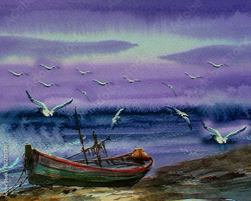 Art Oil painting color   fishing boats   Sky wave sea