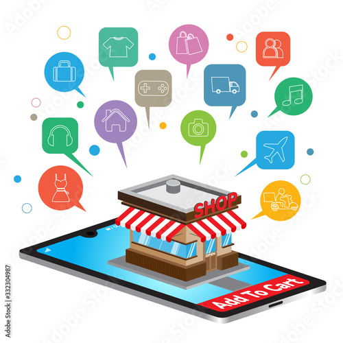 Mobile application for shopping, Online supermaket, Smartphone with shopping app.
