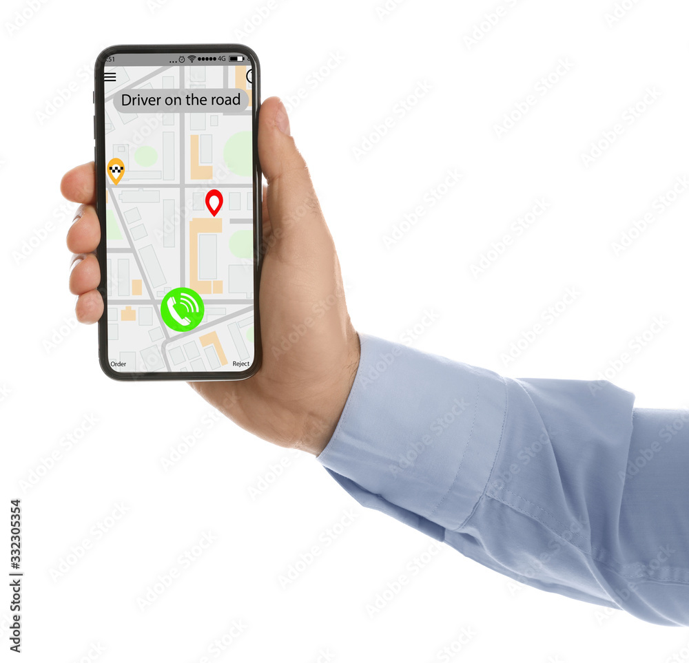 Man ordering taxi with smartphone on white background, closeup Man ordering taxi with smartphone on white background, closeup