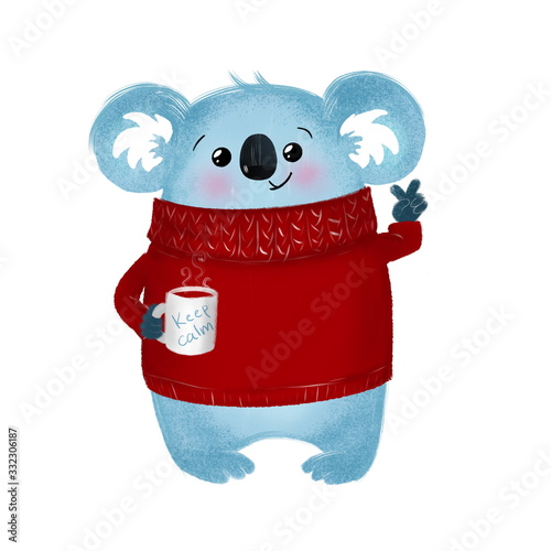 Canvas Print Koala in a knitted sweater and with a mug