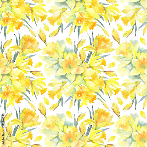 Watercolor seamless pattern with yellow daffodils for fabric, wrapping paper, wallpaper and another design. Hand drawn illustration. Isolated on background