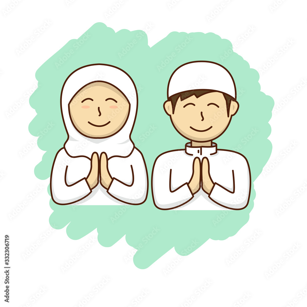 Male and female muslim couple in white dress vector illustration in cute cartoon style Male and female muslim couple in white dress vector illustration in cute cartoon style