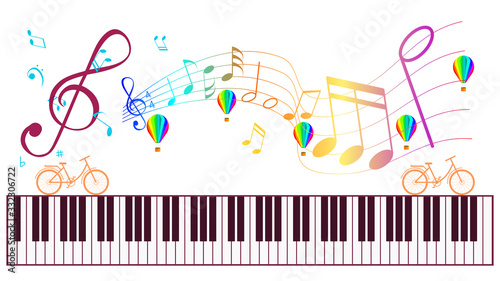 Piano keyboard and Music notes isolated. Creative activity with playing Music.
