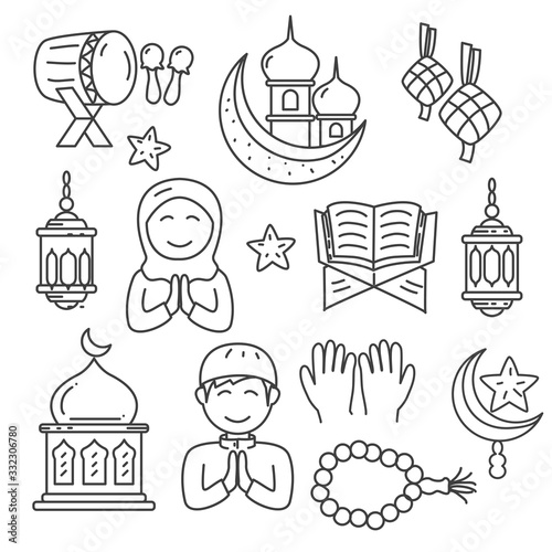 Set of islamic doodle vector illustration in cute hand drawn style isolated on white background 