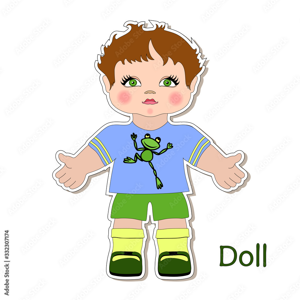 Vector sticker cartoon little cute doll boy child in a summer clothes for preschool and primary school children, greeting card, print, card, text doll, scrapbook Vector sticker cartoon little cute doll boy child in a summer clothes for preschool and primary school children, greeting card, print, card, text doll, scrapbook