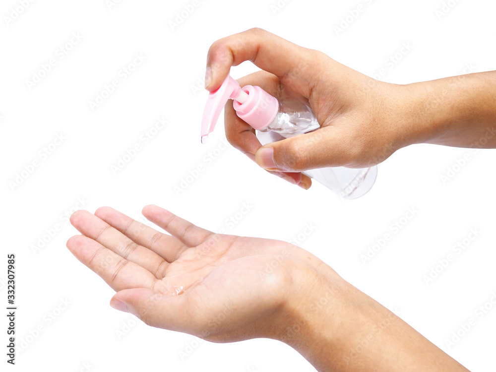 hand holding bottle of sanitizer gel for washing isolated on white background. Coronavirus flu protection concept. hand holding bottle of sanitizer gel for washing isolated on white background. Coronavirus flu protection concept.