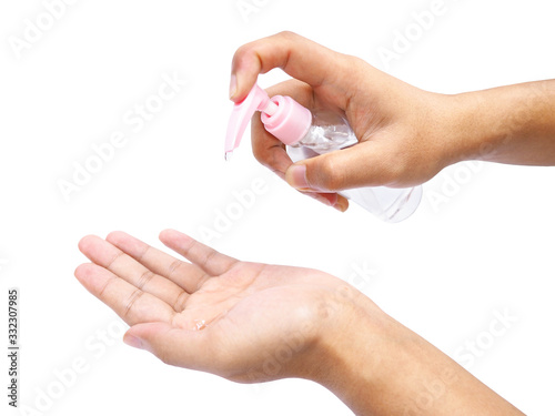 hand holding bottle of sanitizer gel for washing isolated on white background. Coronavirus flu protection concept.