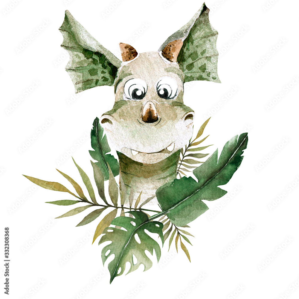 Obraz premium Hand drawing watercolor сhildren's illustration - cute dino with tropical leaves. Funny dinosaur perfect for posters, children's fabric, prints. illustration isolated on white