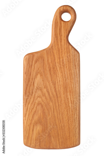 Wooden cutting board on white background isolated close up top view, one empty wood chopping board, block of natural brown wood, kitchen utensil design, food cooking tool, copy space, studio shot