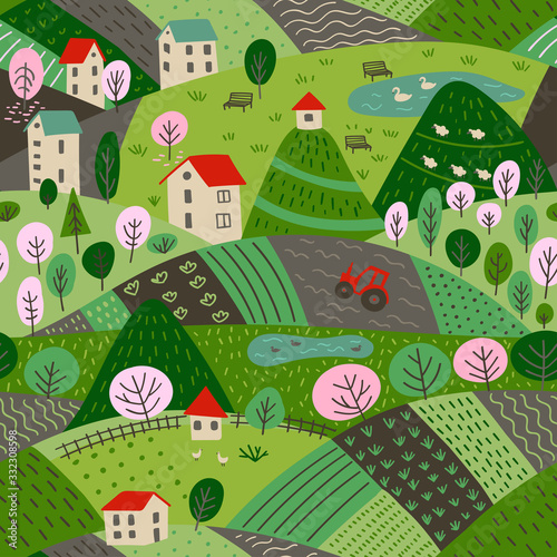 seamless pattern of spring village landscape