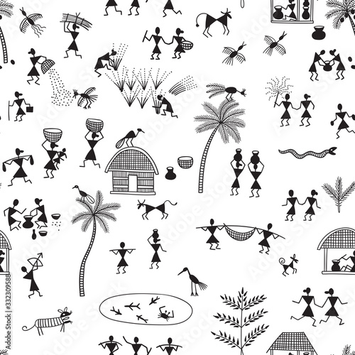 Warli painting, traditional Indian tribal art.